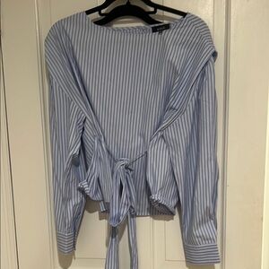 Vici Blue and White Long Sleeve Tie Front Button Down Shirt